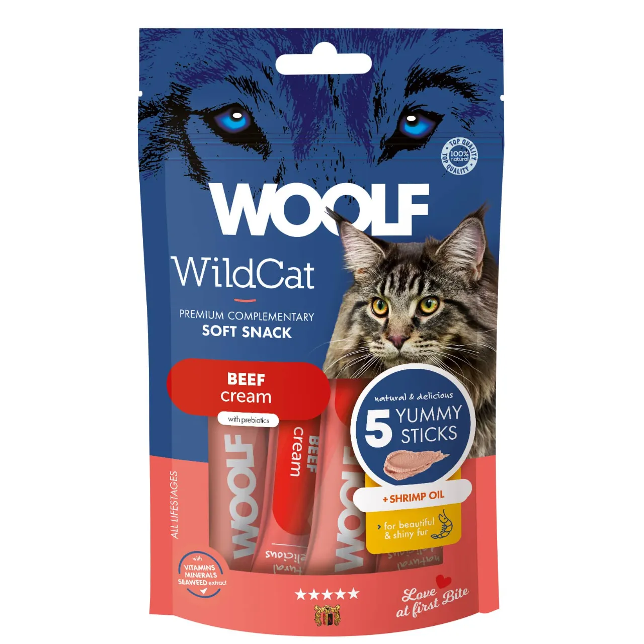 Woolf Wildcat Cream 5 stk - Lækker cremet snack med oksekød og rejeolie til katte